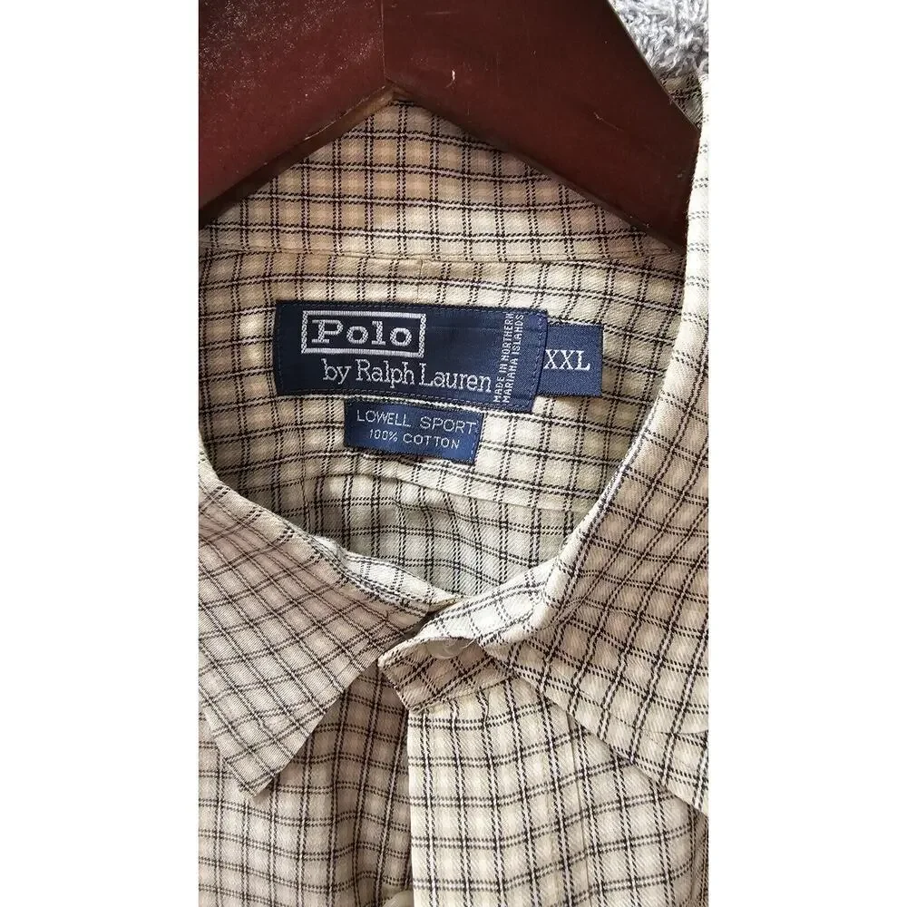Polo Ralph Lauren Tan Black Micro Plaid Lowell Sport Cotton L/S Casual Shirt XXL